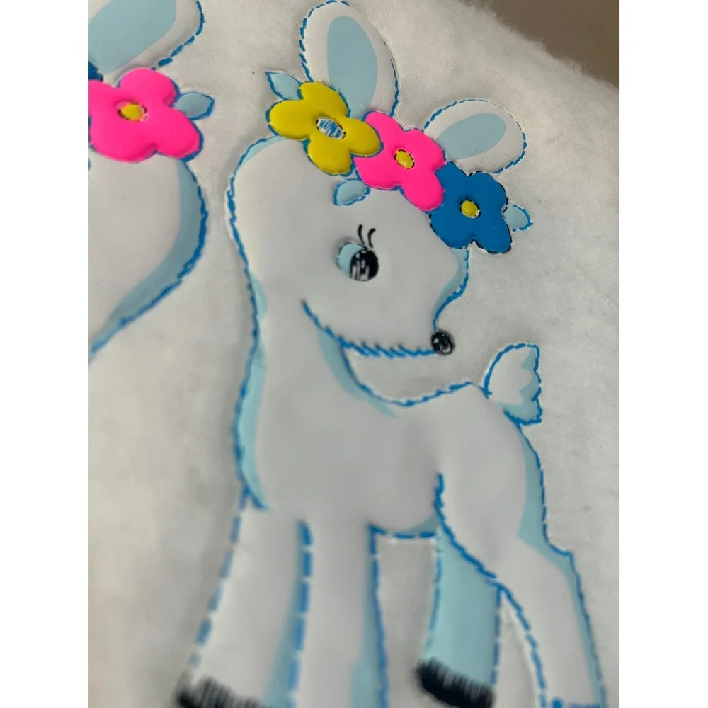 Vintage White Baby Blanket Satin Trim Deer Fawn Floral Applique Fleece Nursery